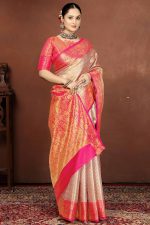Sugathari Women's Gold and Pink kanjivaram banarasi silk saree for Patola festival Wedding silk with rich pallu Design sarees for women with blouse piece (Gold Star) - Image 3