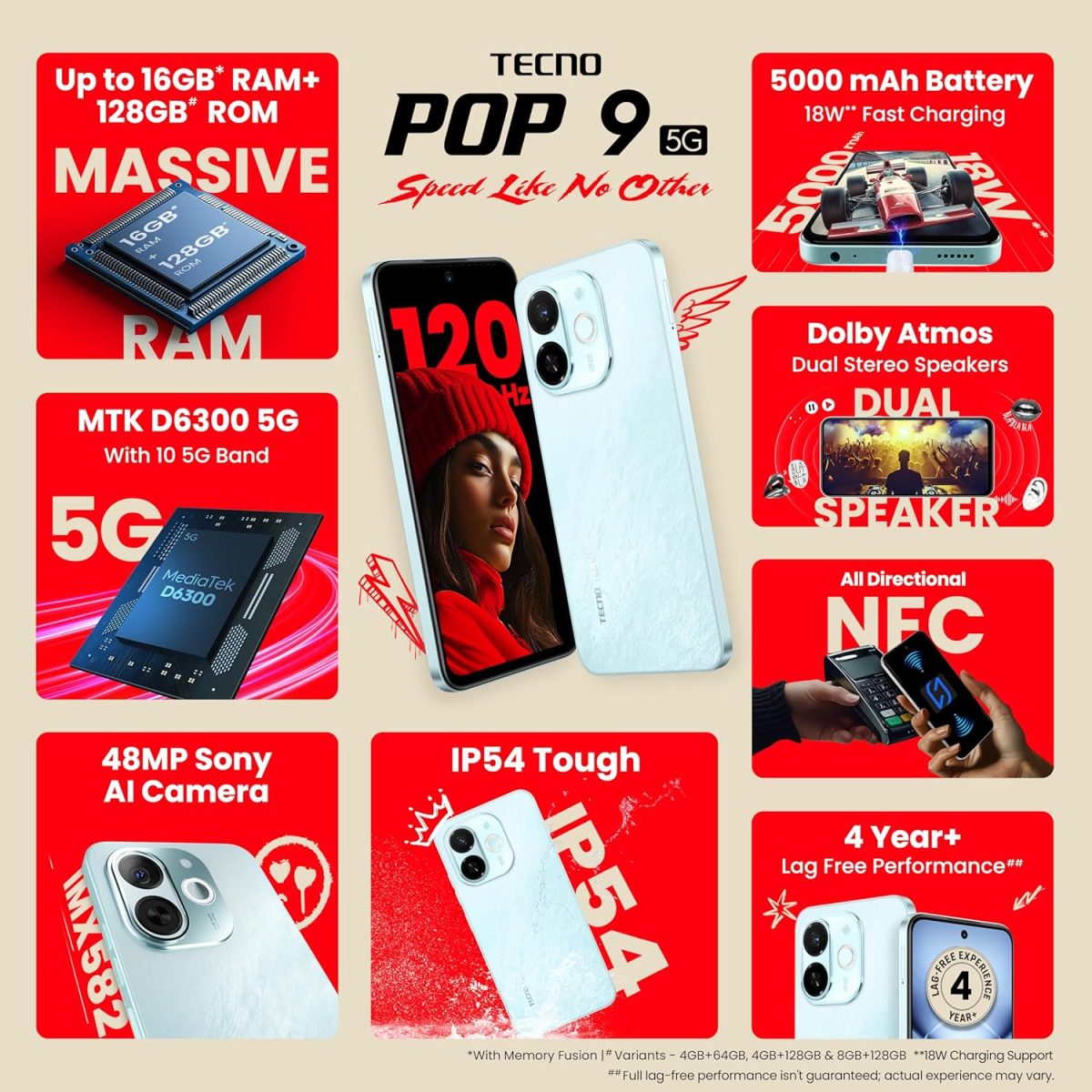 Tecno POP 9 5G Azure Sky, 4GB+128GB| Segment's 1st 48MP Sony AI Camera| Segment's 1st 5G with NFC | D6300 5G Processor | 4+ Year Lag Free Fluency |5000 mAh Battery |Dual Speaker |Without Charger - Image 2
