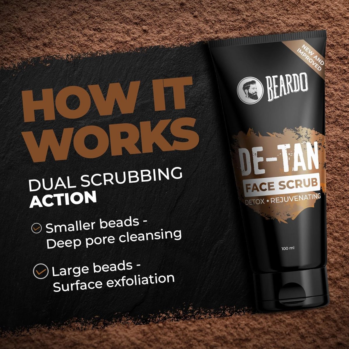BEARDO De-Tan Face scrub for Men, 100g | Blackhead & Tan Removal | Dual Bead Exfoliation | Coffee Detox | Oil Control - Image 3
