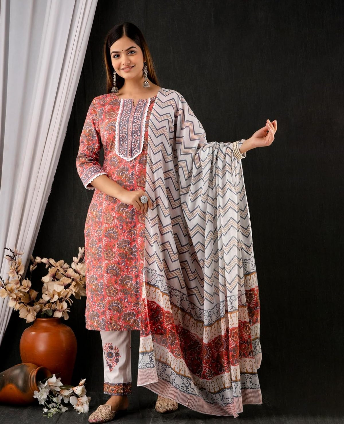 ROBOLOX Women's Cotton Printed Floral Straight Kurta with Pants and Dupatta - Image 7