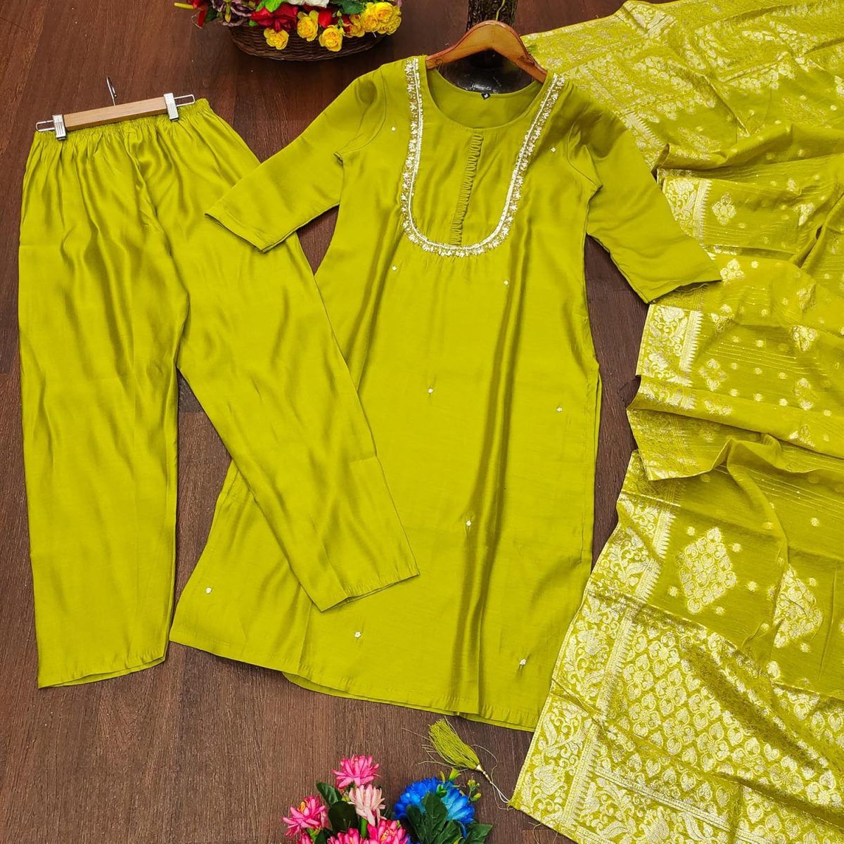 Yashika Women's Silk Blend Jacquard Kurta and Pant with Dupatta Set and Khatali Work Suitable For Every Indian Occasion - Image 7