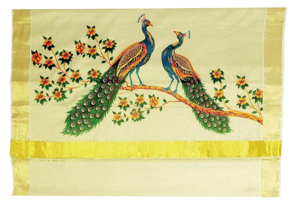 YETTALAN® Women's Mural Printed Kerala Gold Tissue Saree with Running Blouse