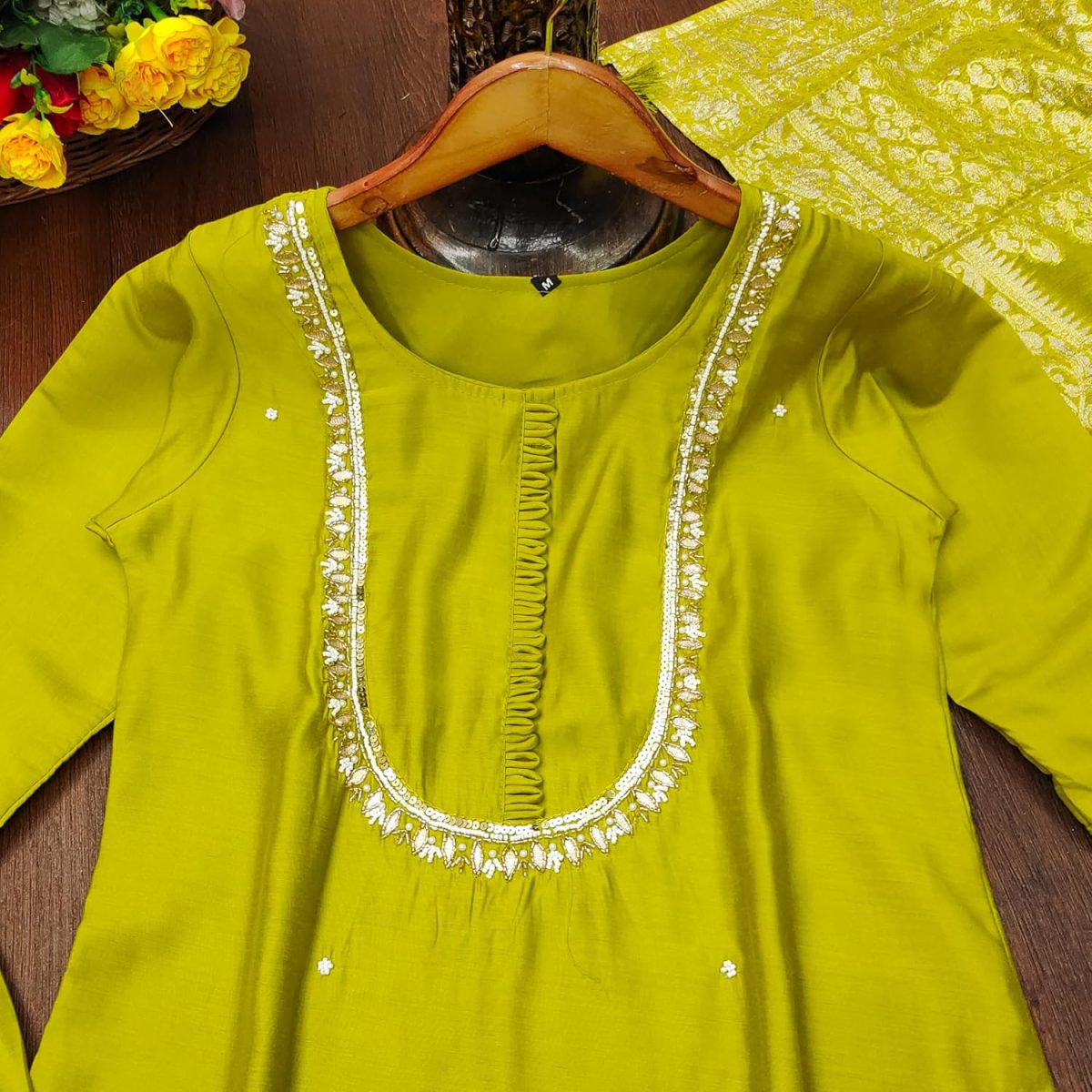Yashika Women's Silk Blend Jacquard Kurta and Pant with Dupatta Set and Khatali Work Suitable For Every Indian Occasion - Image 8