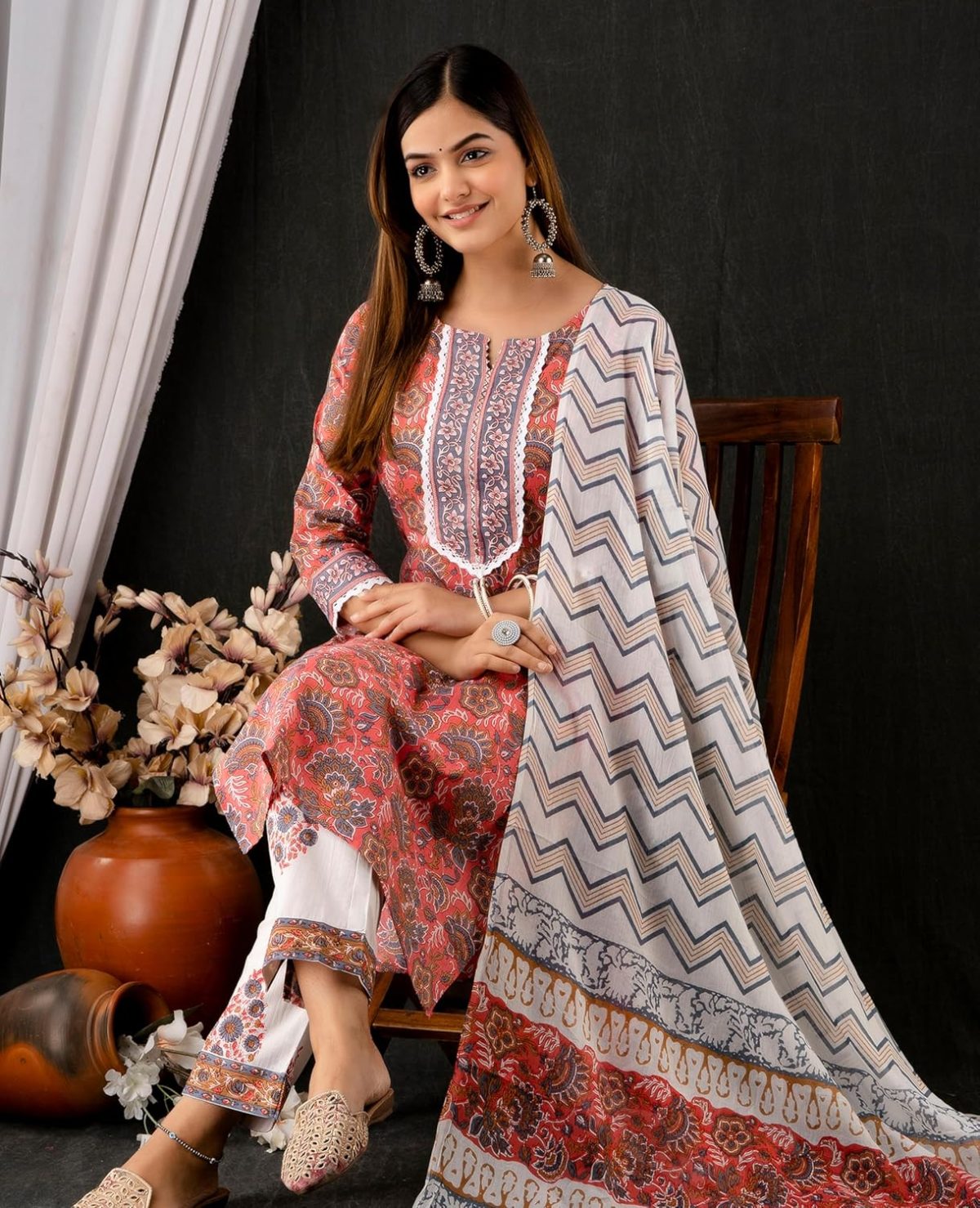 ROBOLOX Women's Cotton Printed Floral Straight Kurta with Pants and Dupatta - Image 8