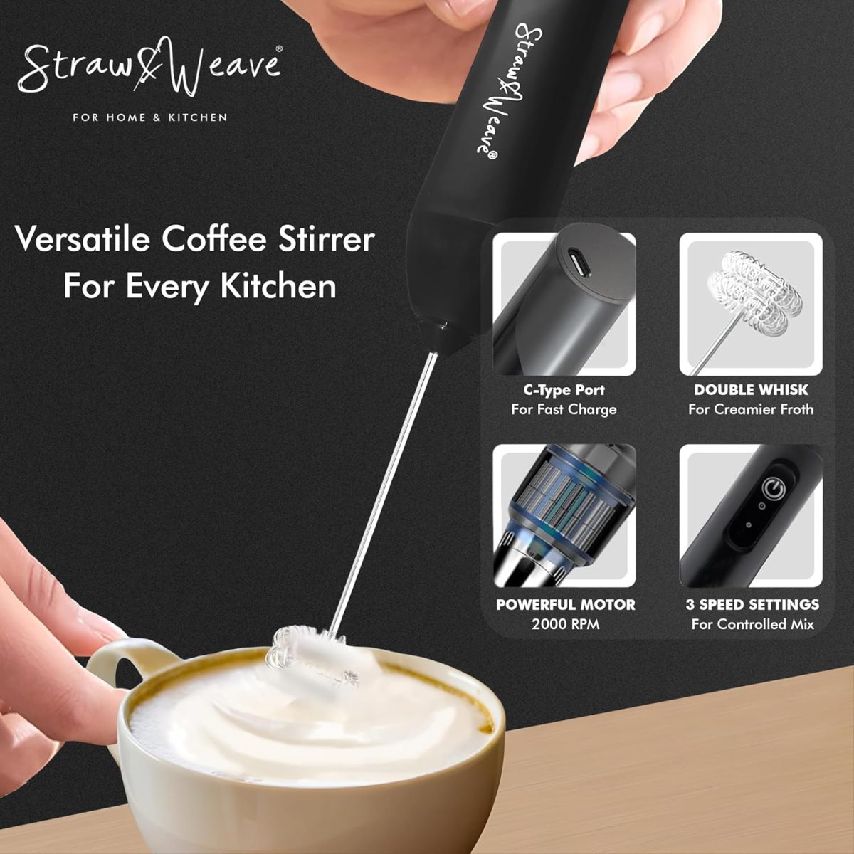 Coffee Frother Electric with Double Whisk | C Type Rechargeable Coffee Maker Machine for Home | 1 Year Warranty | Free Coffee Blender Recipe Book | Big Battery 1 Charge = 15 Days Use - Image 6