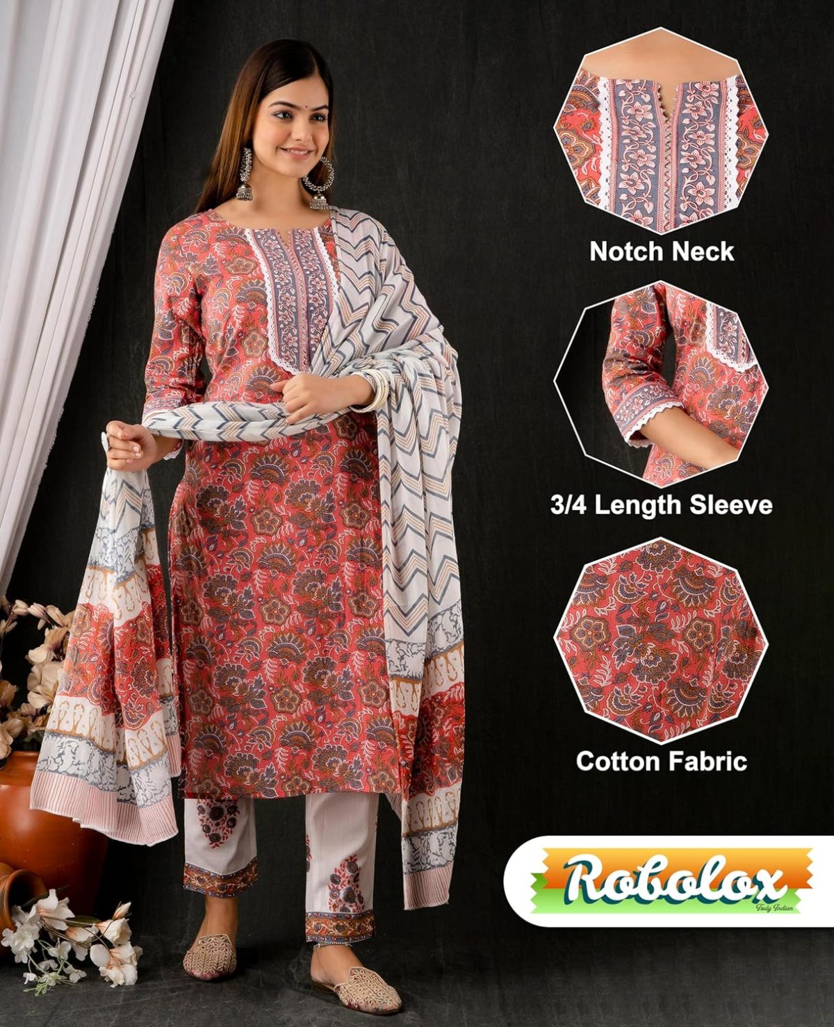 ROBOLOX Women's Cotton Printed Floral Straight Kurta with Pants and Dupatta - Image 2