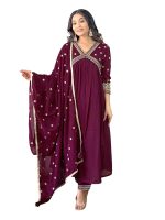 Naixa Women's Vichitra Silk Embroidered A-Line Kurta with Pant and Dupatta Sets for Wedding Party and Festival Wear (NX3_442-Wine-XL)