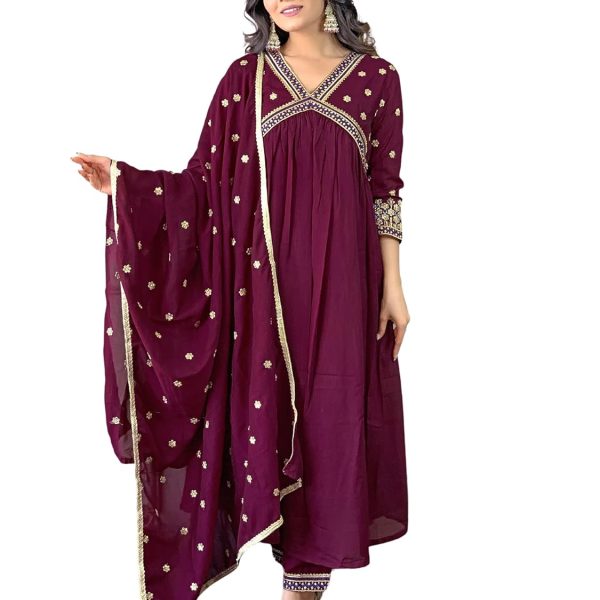 Naixa Women's Vichitra Silk Embroidered A-Line Kurta with Pant and Dupatta Sets for Wedding Party and Festival Wear (NX3_442-Wine-XL)