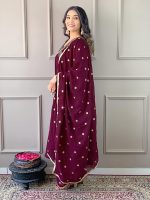 Naixa Women's Vichitra Silk Embroidered A-Line Kurta with Pant and Dupatta Sets for Wedding Party and Festival Wear (NX3_442-Wine-XL) - Image 3