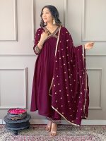 Naixa Women's Vichitra Silk Embroidered A-Line Kurta with Pant and Dupatta Sets for Wedding Party and Festival Wear (NX3_442-Wine-XL) - Image 2