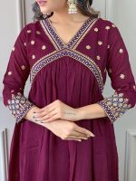 Naixa Women's Vichitra Silk Embroidered A-Line Kurta with Pant and Dupatta Sets for Wedding Party and Festival Wear (NX3_442-Wine-XL) - Image 5