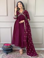 Naixa Women's Vichitra Silk Embroidered A-Line Kurta with Pant and Dupatta Sets for Wedding Party and Festival Wear (NX3_442-Wine-XL) - Image 7