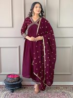 Naixa Women's Vichitra Silk Embroidered A-Line Kurta with Pant and Dupatta Sets for Wedding Party and Festival Wear (NX3_442-Wine-XL) - Image 6