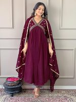 Naixa Women's Vichitra Silk Embroidered A-Line Kurta with Pant and Dupatta Sets for Wedding Party and Festival Wear (NX3_442-Wine-XL) - Image 8