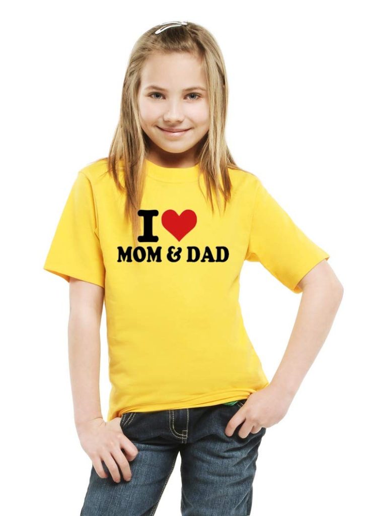 Printmate I Love Mom and Dad Yellow Graphic Printed Cotton Round Neck Kids Unisex Girls & Boys Half Sleeve T-Shirt