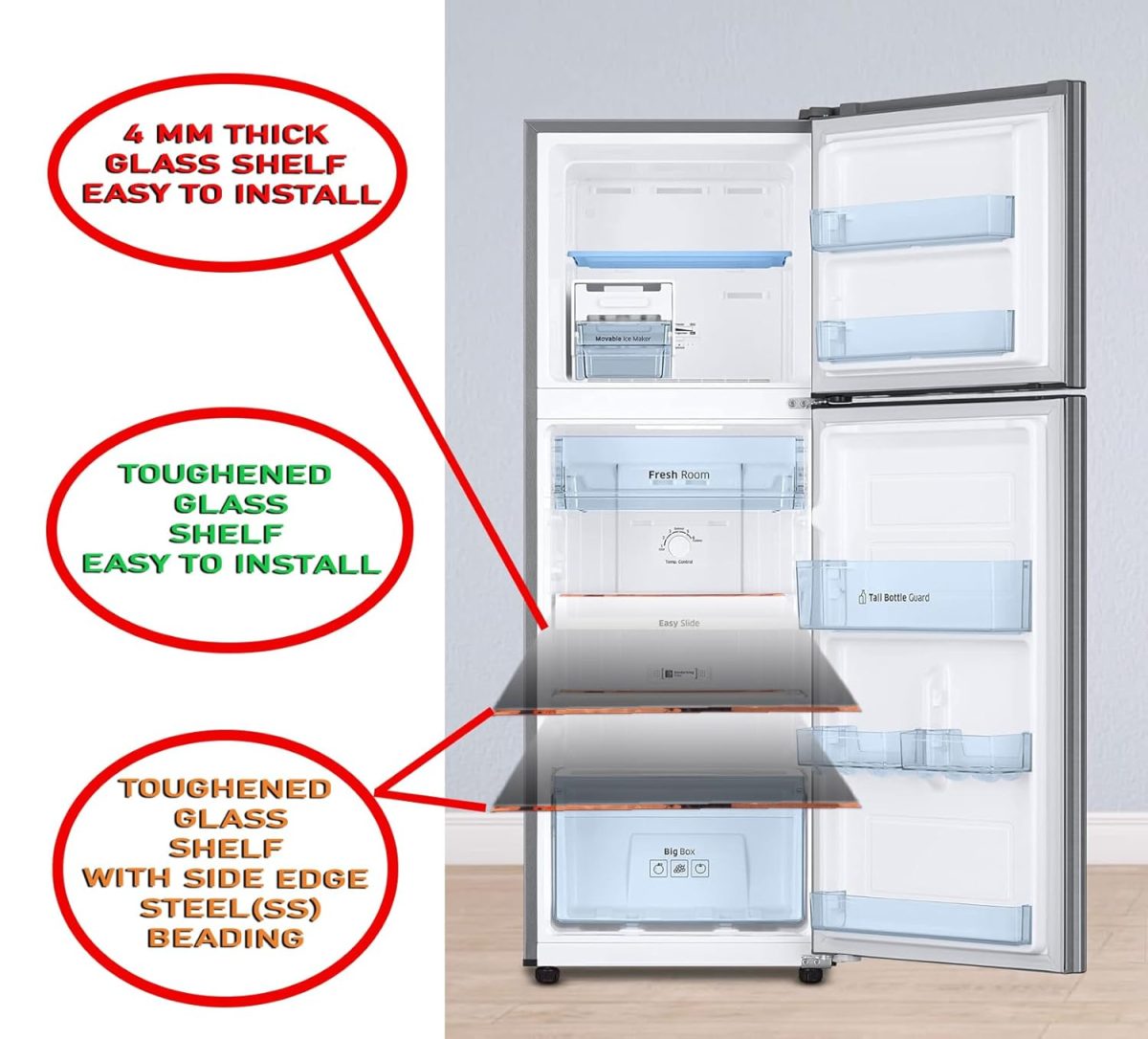 TIKSHA ENTERPRISES (490=495) 370 MM TOUGHENED Glass with Rose Gold Bidding Compatible for HAIER Double Door. - Image 5