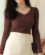 Casual Full Sleeve V Neck Ribbed Top for Girls – Comfortable Lycra Knitted Top - Image 2