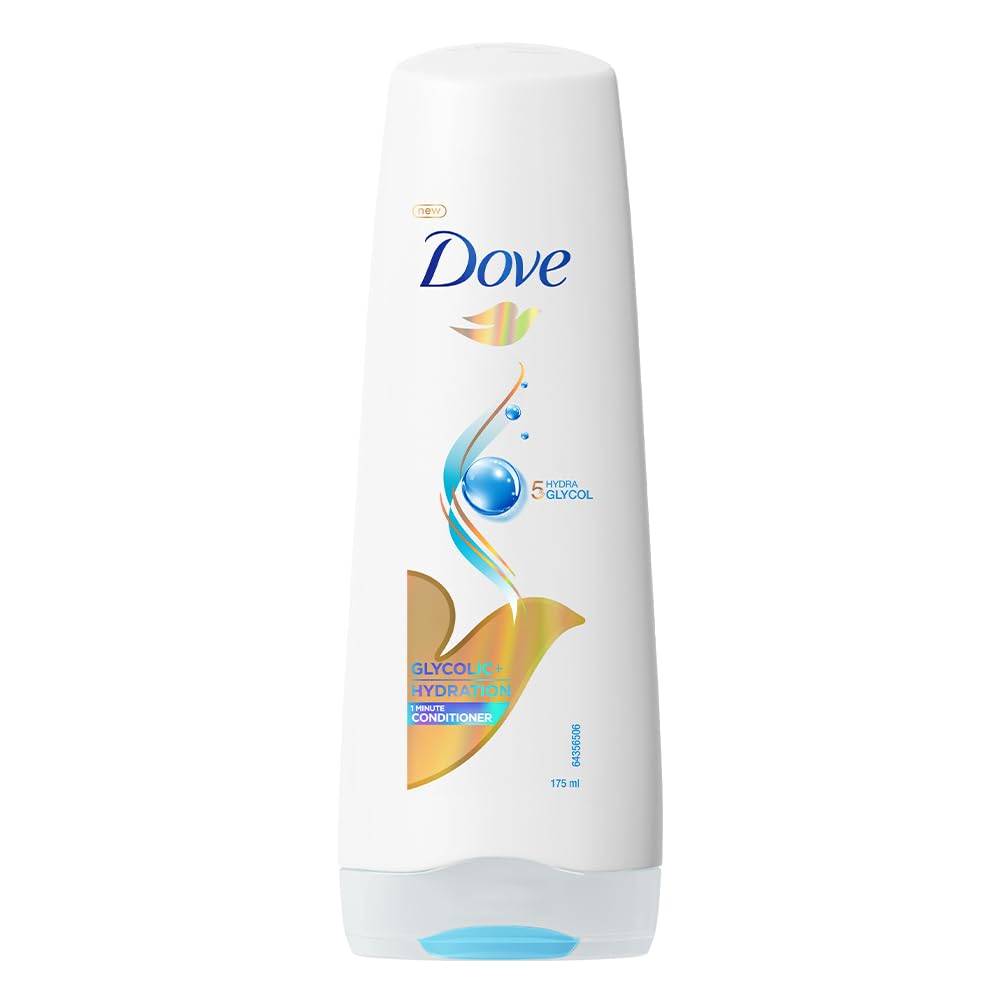 Dove Glycolic + Hydration Hair Conditioner with 5% Hydra-Glycol~ for dry stiff hair, for Upto 100 Hours of Hydrated^, Fluid Hair | 175ml Tube