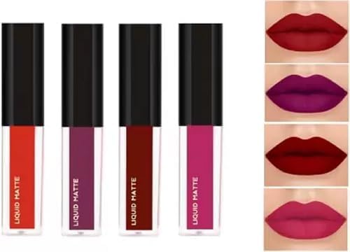 Matte Liquid Lipstick Set | Long-Lasting Waterproof Lip Colors | 4 Shades for All-Day Wear | Non-Drying, Highly Pigmented, Smudge-Proof Lip Makeup