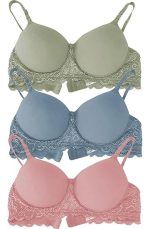 Emavic Women's Cotton Blend Lightly Padded Non-Wired Half Lace Padded T-Shirt Bra Combo Pack of 3