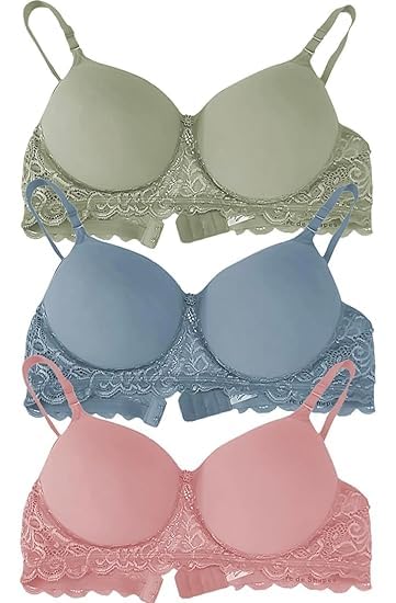Emavic Women's Cotton Blend Lightly Padded Non-Wired Half Lace Padded T-Shirt Bra Combo Pack of 3