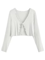 Women’s Cropped Tie-Front Shrug Cardigan | Soft Ribbed Knit Long Sleeve V-Neck Top | Stylish Summer Cardigan, Casual Beach & Vacation Wear | Shrug for Woman