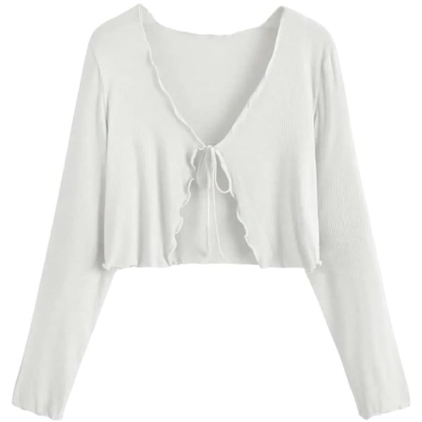 Women’s Cropped Tie-Front Shrug Cardigan | Soft Ribbed Knit Long Sleeve V-Neck Top | Stylish Summer Cardigan, Casual Beach & Vacation Wear | Shrug for Woman