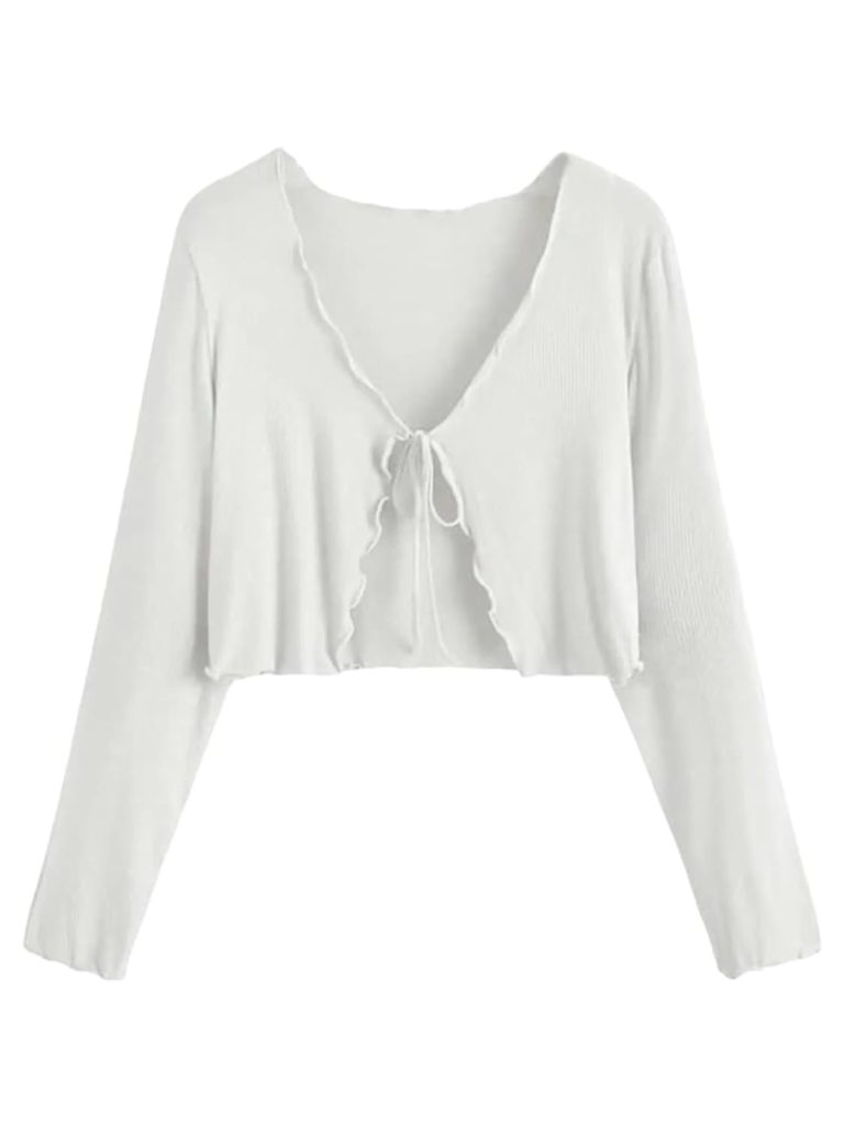 Women’s Cropped Tie-Front Shrug Cardigan | Soft Ribbed Knit Long Sleeve V-Neck Top | Stylish Summer Cardigan, Casual Beach & Vacation Wear | Shrug for Woman