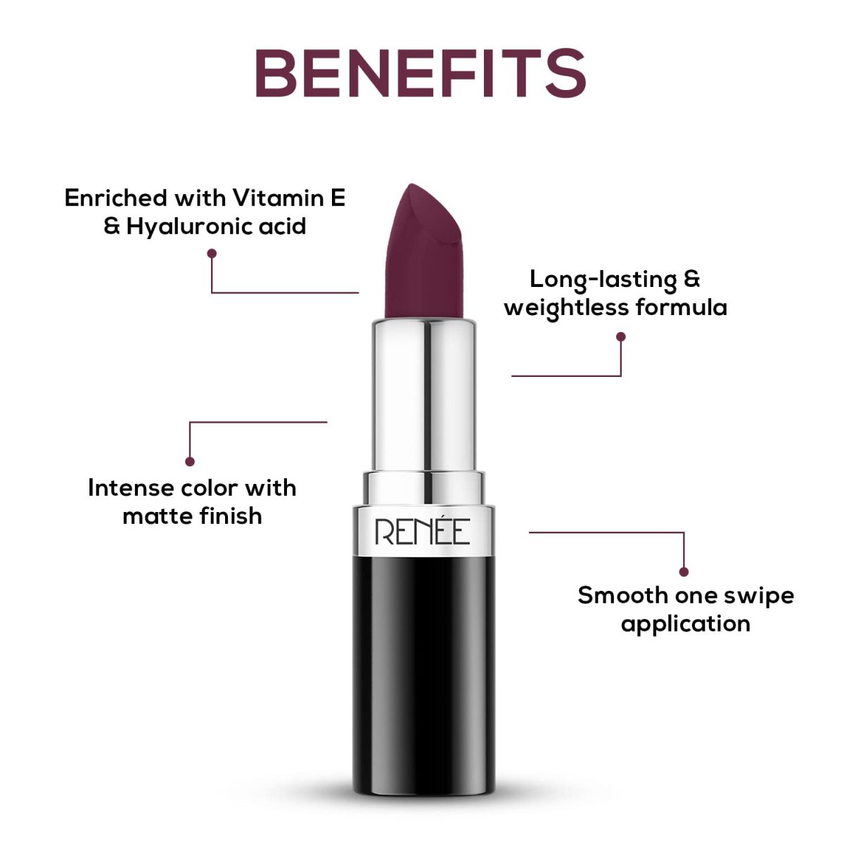 RENEE Stunner Matte Lipstick - Fired Up 4gm| Intense Color Pay Off, Full Coverage Long Lasting Weightless Velvety Formula with One Swipe Application| Enriched with Vitamin E & Hyaluronic Acid - Image 2