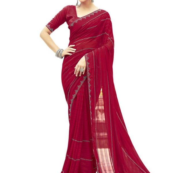 Satrani Women's Georgette Stone Work Border & Piping Border Saree with Unstitched Blouse Piece