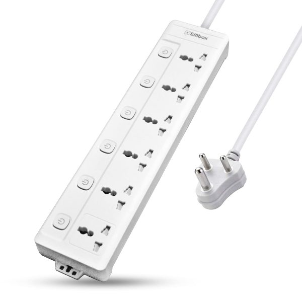 EMBOX Extension Board with Switches 1500 W, 6Universal Sockets, Individual Switch, Safety Shutter, 6 amp Spike Guard, LED Indicator and Safety Shutter, 1.8 Meter Extension Cord