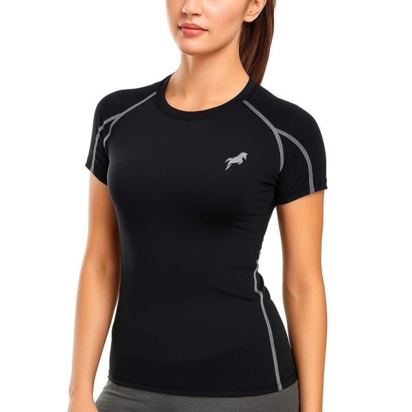 JUST RIDER Women's Compression Fit Sports T-Shirt – Black Fitness Wear, Quick-Dry Activewear Top for Gym, Yoga & Running
