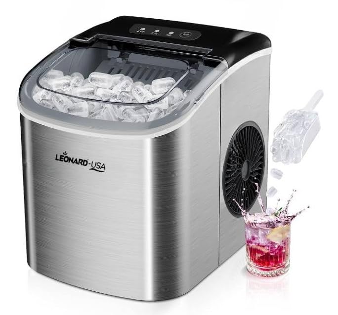 LEONARD USA Ice Maker Machine Stainless Steel with Self-Cleaning Function, Automatic with Inverter Technology, Makes Instant Bullet Ice Cubes in 7-9 Minutes, 12Kg/day (Based on American Technology)