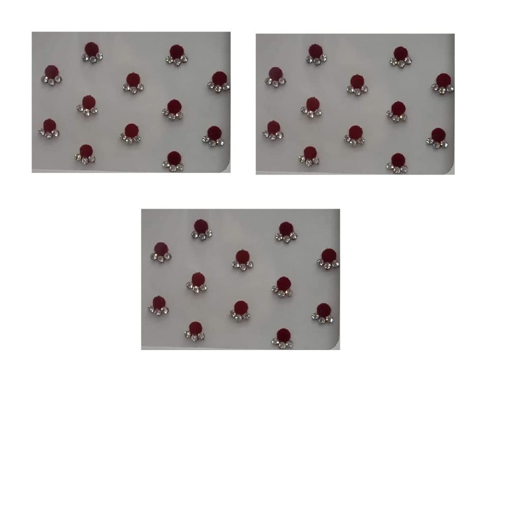 OJ Round Shape Maroon Color Bindi with 3 Stone Fancy Sticker Traditional Velvet Bindi With Skin Friendly Glue Tikli Tikka Kumkum Women- Girls Pack of 3 Size 2