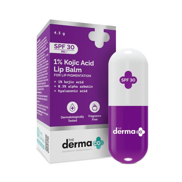 The Derma Co 1% Kojic Acid Lip Balm I With Alpha Arbutin & Hyaluronic Acid I SPF 30 PA++|Treats Pigmentation|Gives Moisturized Lips|Off White|Travel Friendly|For Dark & Pigmented Lips|4.5 g