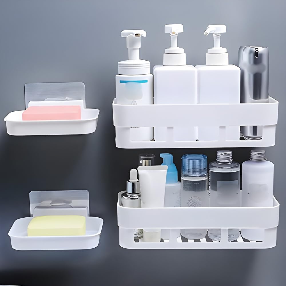 MorivaHomes Self Adhesive Multipurpose Wall Mount Bathroom Shelf For Wall Soap Dish Holder For Wall Bathroom Accessories Utensils Rack Organiser (White, 2 Bathroom Shelves & 2 Soap Dish Holder)