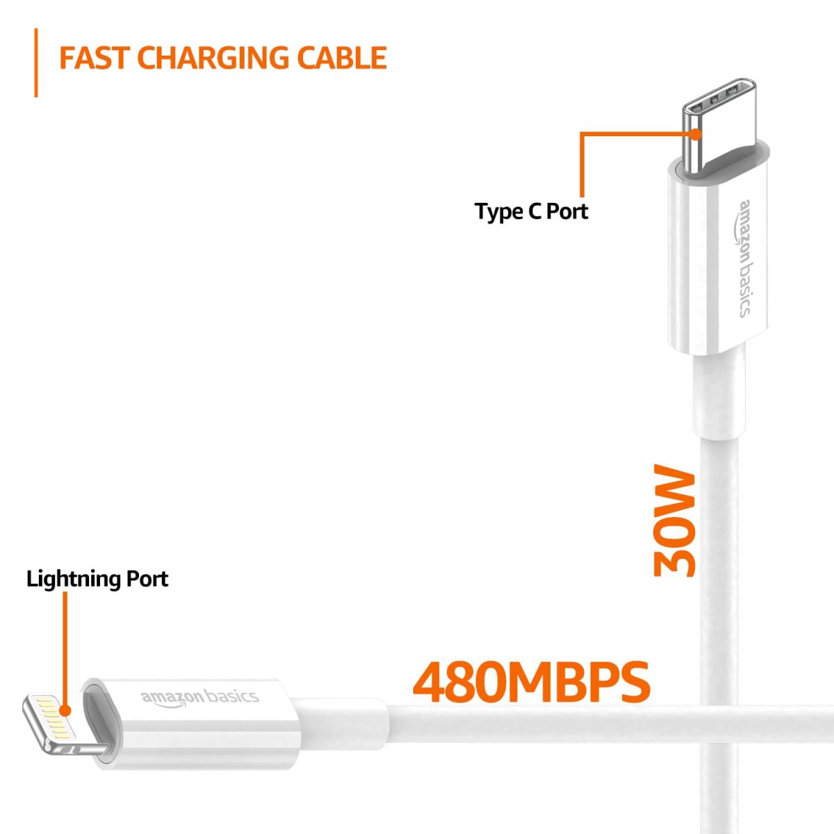 amazon basics TPE Type-C to Lightning Cable | 30W Fast Charging, 480Mbps Data Transfer Speed | Compatible With iPhone, iPad Air, Pro, Mini, iPad | 1 meter (White) - Image 4