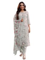 Royal Export Women's Chanderi Floral Embroidered Straight Kurta Pant with Dupatta