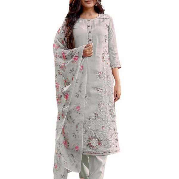 Royal Export Women's Chanderi Floral Embroidered Straight Kurta Pant with Dupatta