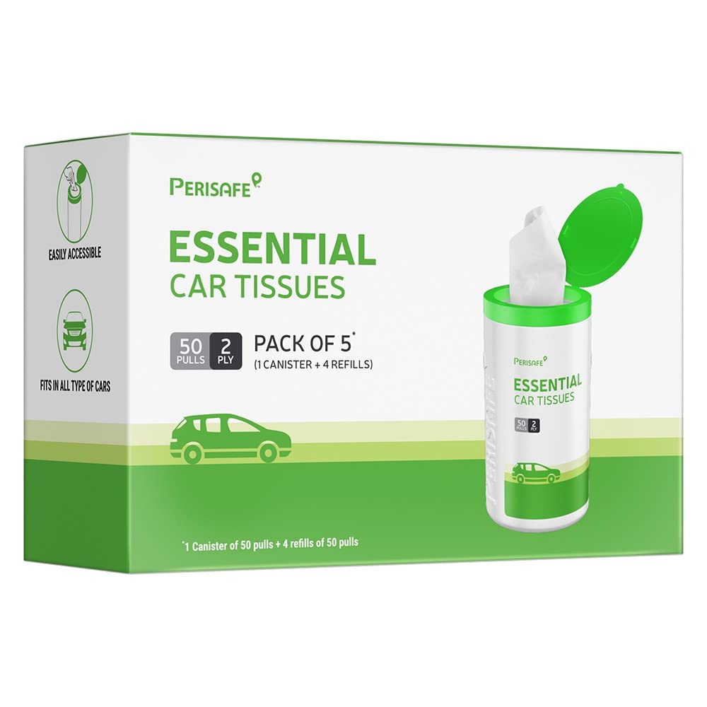 Perisafe Essential Car Tissues Pack of 5 (50 pulls 2 ply–250 pulls) | Fits in All Type of Car Cup Holder| Easily Accessible |Soft, Eco Friendly & Chemical Free |1 Canister of 50 pulls + 4 Refill