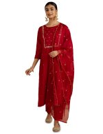 Kaari Women's Hand Embroidered Kurta Set with Dupatta - Straight Fit | Silk Blend Fabric with Dabka Work | Sequin Work Organza Dupatta | Straight Pant with Side Pocket | Kurta Set For Women