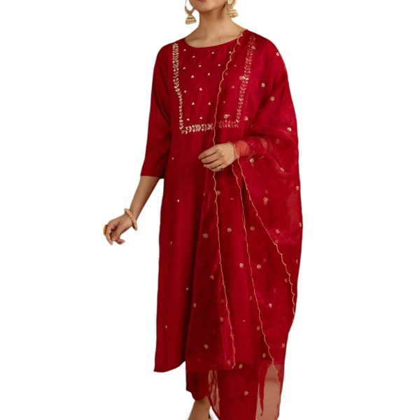 Kaari Women's Hand Embroidered Kurta Set with Dupatta - Straight Fit | Silk Blend Fabric with Dabka Work | Sequin Work Organza Dupatta | Straight Pant with Side Pocket | Kurta Set For Women