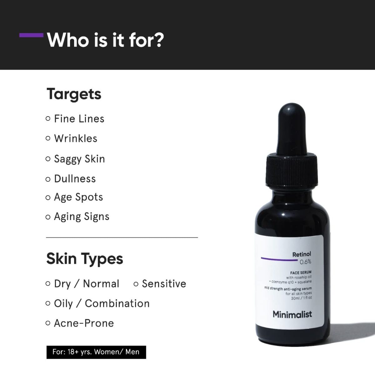 Minimalist Retinol 0.6% Mid-Strength Anti Aging Face Serum For Unisex, Reduces Fine Lines & Wrinkles, Medium Strength Retinol Formula (Pack Of 1) - Image 2