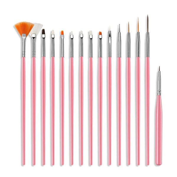 First Try Nail Art Painting Brush Set | Acrylic UV & Poly Extension Gel Drawing Polish Brush Tool Kit | Tips Builder Design Dotting Brushes DIY | Nail Art Decoration Accessories – 15 Pcs. (Pink)
