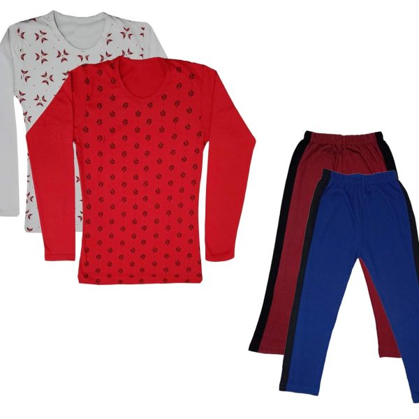 IndiWeaves Girls Cotton Full Sleeve Printed T-Shirts and Cotton Capri 3/4 Pants (Maroon,Blue,White,Red,12-13 Years) Pack of 4