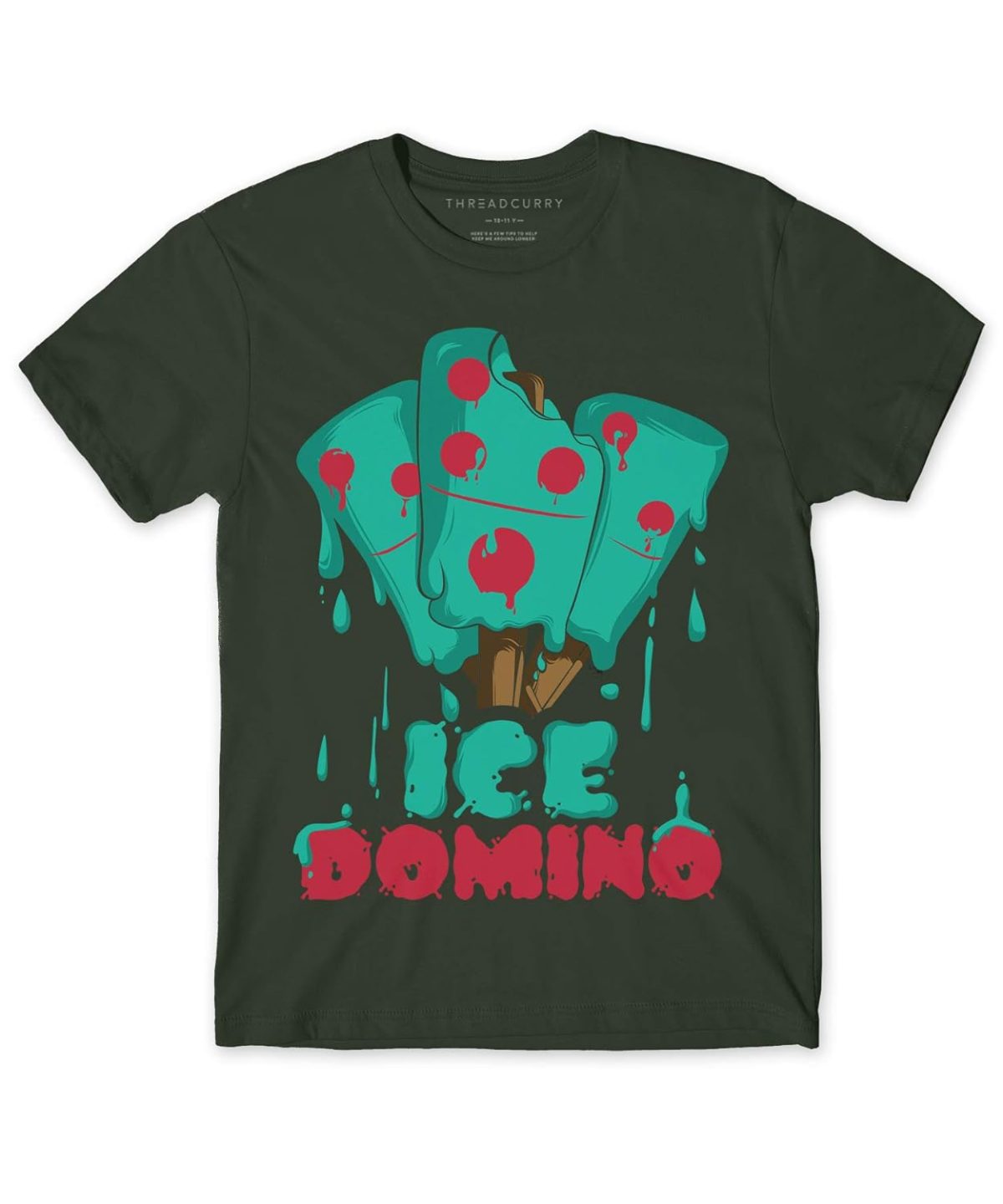 THREADCURRY Ice Domino | Fun Comic Summer Adventure Cotton Graphic Printed Tshirt for Boys Olive