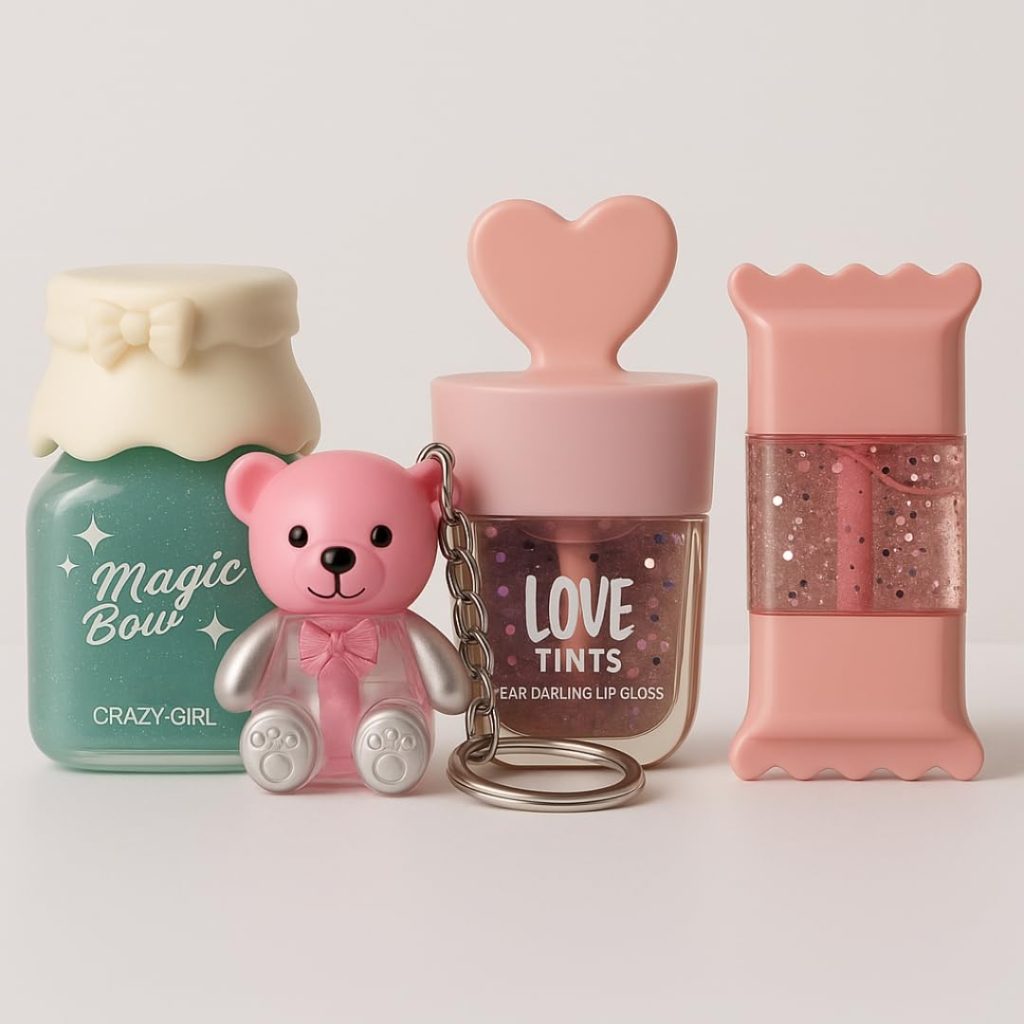 Bajajbeautyshop Asthetic Kawaii Lip Gloss Combo Set of 4 – Heart, Candy, Toffee & Bottle Shape | pH Color Changing, Natural Pink Tint | Cute Flavored Mini Lip Gloss Gift for Women