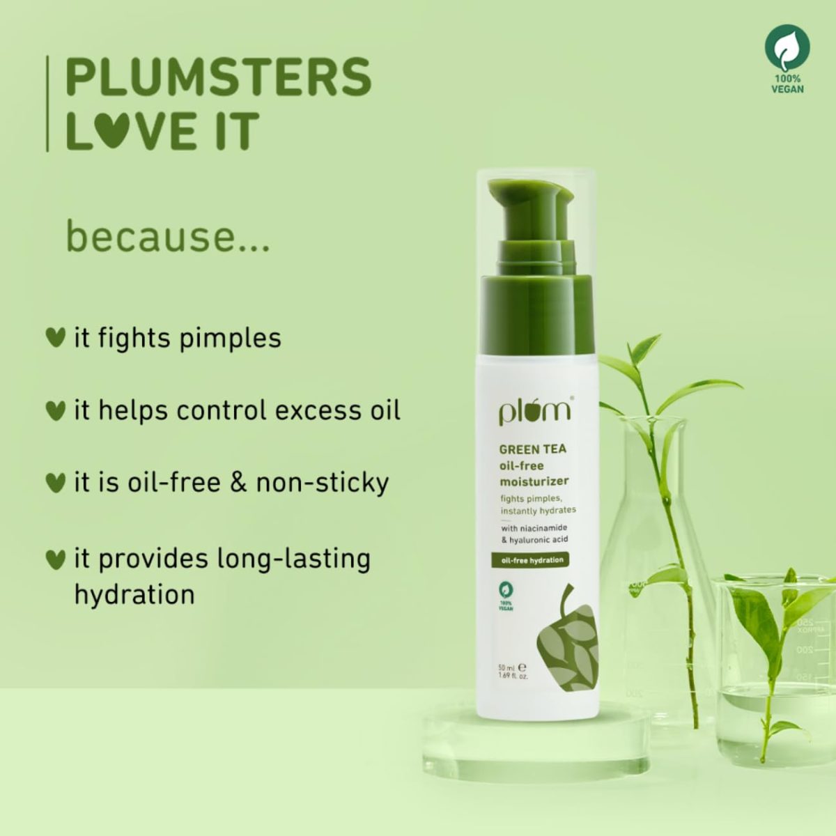 Plum Green Tea Oil-Free Face Moisturizer | With Niacinamide & Hyaluronic Acid | Fights Pimples & Hydrates | Fades Blemishes & Brightens Skin | Non-Sticky & Long-Lasting Moisturizer for Face | 50ml - Image 3