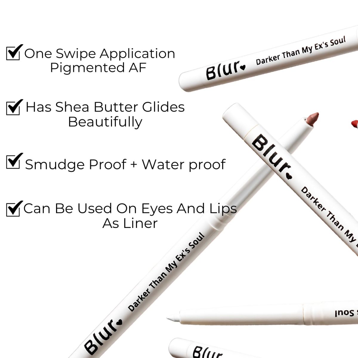 Blur India Darker Than My Ex's Soul Kajal & Lip Liner | Non Smudge, Long Lasting, Super Pigmented, Water-proof | Enriched with Shea Butter and Vitamin-E | 35g | White - Image 2