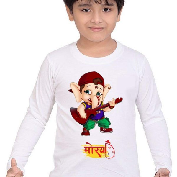 Printmate Ganpati Bappa Ganesh Chaturthi Cotton Round Neck White Full Sleeve Unisex T-Shirt-898B